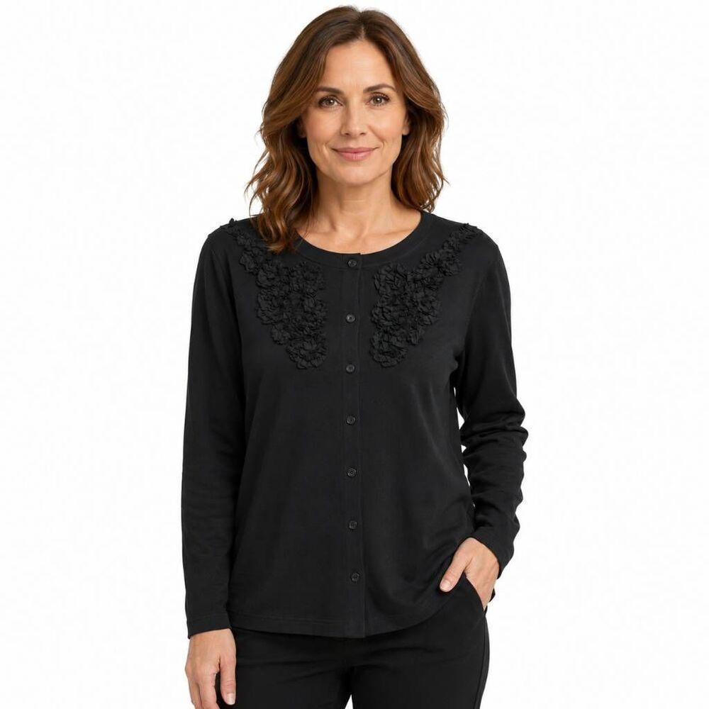 Rafaella Black Floral Applique Cardigan Large